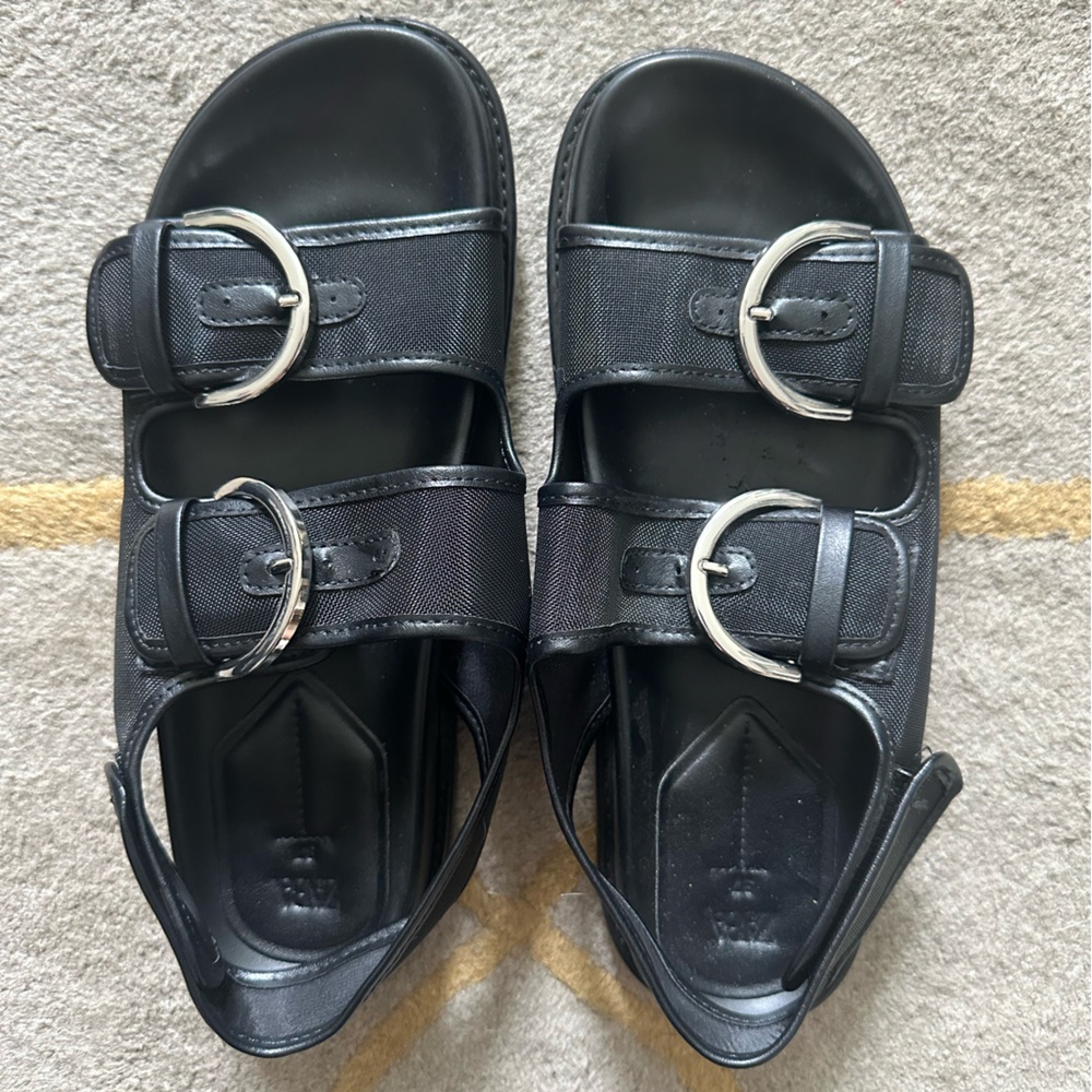 Zara Mesh Black Sandals with Silver Buckles
